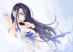 Rule 34 | 1girl, 45 (diagonal45angle), blue eyes, bracelet, breasts, cleavage, dress, earrings, female focus, finger to mouth, jewelry, large breasts, lips, long hair, looking at viewer, necklace, original, ribbon, ribbon-trimmed clothes, ribbon trim, snowflake earrings, solo, very long hair, wind