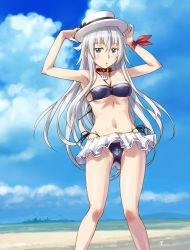 Rule 34 | 1girl, alternate costume, anchor print, arms up, beach, bikini, blue eyes, blush, breasts, cloud, covered erect nipples, day, destroyer, hat, hibiki (kancolle), kantai collection, long hair, looking at viewer, medium breasts, microskirt, military, military vehicle, navel, ocean, outdoors, sameha ikuya, ship, silver hair, skirt, sky, solo, swimsuit, very long hair, warship, water, watercraft, white hat, white skirt