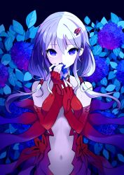 Rule 34 | 10s, 1girl, bare shoulders, blue eyes, breasts, center opening, cleavage, detached sleeves, elbow gloves, field, fingerless gloves, flower, flower field, gloves, guilty crown, hair ornament, hairclip, long hair, looking at viewer, moa (21energy12), moa (artist), navel, small breasts, solo, twintails, yuzuriha inori