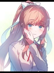 Rule 34 | 1girl, aicedrop, blazer, bow, brown hair, doki doki literature club, green eyes, hair intakes, hand on own cheek, hand on own face, jacket, letterboxed, long hair, long sleeves, looking at viewer, monika (doki doki literature club), ponytail, ribbon, school uniform, sidelocks, simple background, solo, white ribbon