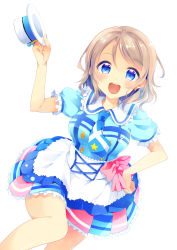 Rule 34 | 10s, 1girl, :d, anchor symbol, blue dress, blue eyes, blue necktie, blush, dress, dutch angle, earrings, hand on own hip, hat, unworn hat, unworn headwear, highres, holding, holding clothes, holding hat, jewelry, layered dress, light brown hair, looking at viewer, love live!, love live! school idol festival, love live! sunshine!!, necktie, open mouth, peke (xoxopeke), puffy short sleeves, puffy sleeves, ribbon, short hair, short sleeves, simple background, smile, solo, watanabe you, white background