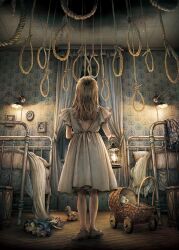 Rule 34 | 1girl, backless dress, backless outfit, bare back, bed, child, commentary request, curtains, doll, dress, from behind, full body, highres, holding, holding lantern, horror (theme), indoors, kobone awaki, lamp, lantern, light brown hair, long hair, looking up, noose, original, photo (object), pillow, rope, solo, stroller, stuffed animal, stuffed rabbit, stuffed toy, toy, toy horse, wall lamp, window, wooden floor