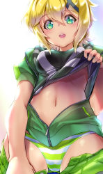 Rule 34 | 1000, 1girl, akatsuki kirika, ass, blonde hair, blush, breasts, clothes lift, clothes pull, gluteal fold, green eyes, green hoodie, hair ornament, highres, hood, hoodie, looking at viewer, medium breasts, navel, open clothes, open hoodie, open mouth, panties, senki zesshou symphogear, shiny skin, shirt lift, shorts, shorts pull, simple background, smile, solo, standing, striped clothes, striped panties, underwear, white background, x hair ornament