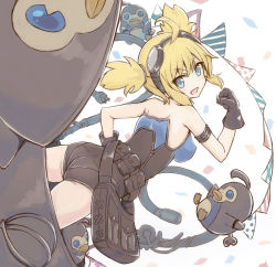 Rule 34 | 1girl, :d, ahoge, ass, bare shoulders, bird, black gloves, blonde hair, blue eyes, breasts, covered erect nipples, electric plug, fang, gloves, goggles, goggles on head, granblue fantasy, hand on own hip, head back, leotard, llg.hakua, looking at viewer, looking back, mecha, medium breasts, open mouth, pantylines, pengie, penguin, robot, short hair, short twintails, smile, strapless, strapless leotard, twintails