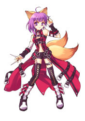 Rule 34 | 10s, 1girl, ahoge, animal ears, belt, boots, breasts, cleavage, fox (trickster), fox ears, fox tail, glasses, knife, midriff, purple eyes, purple hair, shorts, small breasts, solo, tail, thighhighs, trickster (ntreev soft)