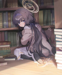 Rule 34 | 1girl, artist name, black hair, black pantyhose, blue archive, blue hairband, blue ribbon, blush, book, bookshelf, cardigan, commentary, from behind, grin, hair ribbon, hairband, halo, highres, holding, holding book, indoors, jitome, library, long hair, long skirt, looking at viewer, low twintails, machico maki, on floor, pantyhose, pile of books, pleated skirt, ribbon, shirt, signature, sitting, skirt, slippers, smile, solo, twintails, ui (blue archive), very long hair, wariza, white shirt, white skirt, wooden floor