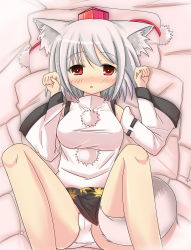 Rule 34 | 1girl, animal ears, animal hands, bare shoulders, bed, blush, breasts, detached sleeves, hat, highres, inubashiri momiji, large breasts, looking at viewer, miniskirt, mtd (matidappp), open mouth, panties, pantyshot, pom pom (clothes), red eyes, shirt, short hair, silver hair, skirt, solo, tail, tokin hat, touhou, underwear, upskirt, white panties, white shirt, wolf ears, wolf tail