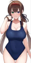 Rule 34 | 1girl, ahoge, arm up, black ribbon, blue eyes, blue one-piece swimsuit, blush, breasts, brown hair, cleavage, collarbone, competition school swimsuit, covered navel, green eyes, groin, hair between eyes, hair ribbon, hairband, hand in own hair, heterochromia, highres, holding, holding hair, large breasts, long hair, looking at viewer, low twintails, new school swimsuit, one-piece swimsuit, red hairband, ribbon, ryoubi (senran kagura), school swimsuit, senran kagura, senran kagura shinovi versus, simple background, smile, solo, split mouth, surippa1010, swimsuit, twintails
