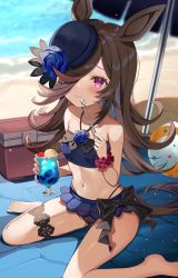 Rule 34 | 1girl, animal ears, ball, barefoot, beach, bikini, blue bikini, blue flower, blue hat, blue rose, blush, brown hair, closed mouth, collarbone, commentary request, cup, eating, flower, food, hair over one eye, hat, highres, holding, holding cup, horse ears, horse girl, horse tail, long hair, looking at viewer, navel, parasol, purple eyes, rice shower (umamusume), rose, sand, satoupote, scrunchie, sitting, smile, solo, spoon, swimsuit, tail, tilted headwear, umamusume, umbrella, water, wet, wrist scrunchie