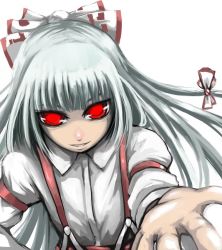 Rule 34 | 1girl, female focus, fujiwara no mokou, ginji (sakaki summer), outstretched arm, outstretched hand, reaching, red eyes, simple background, solo, suspenders, touhou, upper body, white background