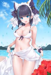 Rule 34 | 1girl, :d, adapted costume, animal ears, aqua hair, azur lane, beach, bikini, black hair, blue eyes, blue sky, blush, breasts, cheshire (azur lane), cheshire (summery date!) (azur lane), cleavage, clothes lift, commentary, cowboy shot, day, fake animal ears, fang, flower, frilled cuffs, frills, gluteal fold, hibiscus, lifted by self, looking at viewer, maid headdress, medium breasts, medium hair, multicolored hair, navel, official alternate costume, open mouth, outdoors, sarong, sarong lift, side-tie bikini bottom, sky, smile, solo, standing, stomach, streaked hair, swimsuit, thigh gap, tu (to sse), two-tone hair, water drop, white bikini, white sarong, wrist cuffs, wristband