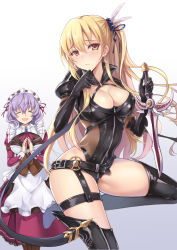 Rule 34 | 2girls, ^ ^, alisa reinford, alternate costume, apron, ascot, black gloves, black legwear, blonde hair, blush, breasts, cleavage, closed eyes, corset, cosplay, covered navel, cowboy shot, dagger, dress, earrings, eiyuu densetsu, elbow gloves, embarrassed, falcom, feather hair ornament, feathers, gloves, gradient background, grey background, hair ornament, hair ribbon, jewelry, knife, latex, latex gloves, leotard, light purple hair, long hair, long sleeves, looking at another, looking at viewer, maid apron, maid headdress, medium breasts, multiple girls, open mouth, own hands together, puffy long sleeves, puffy sleeves, purple ascot, purple dress, red eyes, ribbon, scrunchie, sen no kiseki, sharon kreuger, sharon kruger (cosplay), side ponytail, simple background, smile, straight hair, tareme, taut clothes, thigh strap, thighhighs, thighs, weapon, white background, yuemanhuaikong