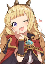 Rule 34 | 1girl, ;d, absurdres, blonde hair, blunt bangs, cagliostro (granblue fantasy), cape, capelet, gazacy (dai), granblue fantasy, heart, highres, index finger raised, long hair, looking at viewer, one eye closed, open mouth, purple eyes, red cape, red capelet, round teeth, simple background, smile, solo, teeth, tiara, upper body, upper teeth only, white background