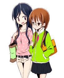 Rule 34 | 2girls, a channel, arm grab, bad id, bad pixiv id, bag, bare shoulders, belt, black hair, brown eyes, brown hair, casual, collarbone, glasses, hand in pocket, holding another&#039;s arm, jacket, long hair, multiple girls, nishi yuuko, open mouth, pants, pleated skirt, polka dot, saiko dagashi, simple background, skirt, smile, tennouji nagisa, thigh gap, tsurime, twintails, zipper