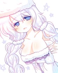 Rule 34 | 1girl, avrora (azur lane), azur lane, bare shoulders, blue eyes, blush, collarbone, detached sleeves, dress, dutch angle, fur-trimmed dress, fur-trimmed sleeves, fur trim, hair between eyes, long hair, long sleeves, low twintails, parted lips, sakurato ototo shizuku, silver hair, simple background, solo, star (symbol), strapless, strapless dress, twintails, very long hair, white background, white dress