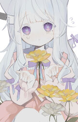 1girl absurdres blue_pupils bow bowtie cat_girl cat_tail commentary cowboy_shot dress flower flying_sweatdrops grey_hair hands_up heart heart-shaped_pupils highres indie_virtual_youtuber knife_in_head long_hair long_sleeves looking_at_viewer mashiro_sekai object_through_head parted_lips pink_dress procreate_(medium) purple_bow purple_bowtie purple_eyes sidelocks simple_background slept_sui solo straight-on symbol-only_commentary symbol-shaped_pupils tail tail_bow tail_ornament tears very_long_hair virtual_youtuber white_background yellow_flower