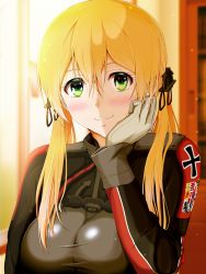 Rule 34 | 10s, 1girl, anchor hair ornament, aqua eyes, blonde hair, cross, door, dusk, gloves, hair ornament, hamaguri (hamaguri1234), hand on own chin, highres, iron cross, kantai collection, low twintails, military, military uniform, prinz eugen (kancolle), solo, twintails, uniform, white gloves, window