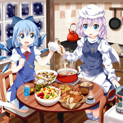 Rule 34 | 2girls, apron, blue dress, blue eyes, blue hair, bow, bowl, bread, bread slice, capelet, chair, cirno, cup, dress, drinking, drinking glass, food, frying pan, hair bow, hat, highres, ice, ice wings, juliet sleeves, kettle, kitchen, ladle, letty whiterock, long sleeves, multiple girls, open mouth, pot, puffy sleeves, purple hair, ruu (tksymkw), shirt, short sleeves, sink, smile, snowing, spoon, table, teacup, toast, touhou, waist apron, window, wings