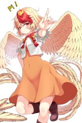 Rule 34 | 1girl, animal, animal on head, arm up, bird, blonde hair, blush, boots, breasts, brown footwear, chick, commentary request, covered navel, dress, feathered wings, feet out of frame, hair between eyes, highres, looking at viewer, m/, multicolored hair, neck ribbon, niwatari kutaka, on head, orange dress, puffy short sleeves, puffy sleeves, rankasei, red eyes, red hair, red ribbon, ribbon, shirt, short hair, short sleeves, simple background, small breasts, smile, solo, standing, standing on one leg, touhou, two-tone hair, white background, white shirt, wings, yellow wings