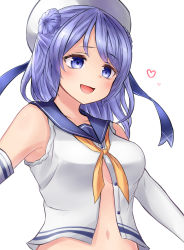 Rule 34 | 10s, 1girl, :d, blue eyes, blue hair, breasts, double bun, elbow gloves, gloves, hair bun, half updo, hat, heart, highres, kantai collection, matching hair/eyes, navel, neit ni sei, open clothes, open mouth, open shirt, sailor hat, shirt, sleeves rolled up, smile, solo, unbuttoned, underboob, urakaze (kancolle), white hat