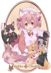 Rule 34 | 10s, 1girl, 2012, :d, animal ears, blue eyes, bow, cat, cat ears, cat tail, dog, furry, furry female, furry male, glasses, hair between eyes, hair bow, holding, kneeling, maid, maid headdress, open mouth, original, pink hair, rabbit, red eyes, smile, solo, tail, transpot nonoko, twintails