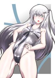 Rule 34 | 1girl, allial (coefont), blush, breasts, coefont, competition swimsuit, cowboy shot, gluteal fold, grey eyes, highres, long hair, looking at viewer, medium breasts, monyomoke, one-piece swimsuit, open mouth, side ponytail, solo, swimsuit, white hair