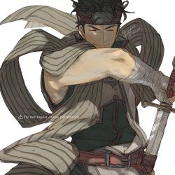 Rule 34 | 1boy, 91007, bandaged arm, bandages, black hair, closed mouth, closed eyes, fire emblem, fire emblem echoes: shadows of valentia, headband, highres, holding, holding sword, holding weapon, kamui (fire emblem), looking at viewer, male focus, nintendo, smile, solo, sword, upper body, weapon