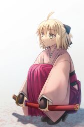 Rule 34 | 1girl, ahoge, black bow, black footwear, blonde hair, bow, closed mouth, commentary request, fate/grand order, fate (series), green eyes, hair bow, hakama, hakama skirt, half updo, highres, holding, holding sword, holding weapon, japanese clothes, katana, kimono, koha-ace, looking away, okita souji (fate), okita souji (koha-ace), pink hakama, pink kimono, shadow, sheath, sheathed, shoori (migiha), short hair, skirt, solo, squatting, sword, weapon, wide sleeves