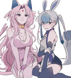 Rule 34 | 2girls, bare shoulders, blush, breasts, choker, cleavage, closed mouth, collarbone, commentary request, creatures (company), detached sleeves, dress, earrings, espeon, eyelashes, forehead jewel, game freak, gen 2 pokemon, gen 4 pokemon, glaceon, grey eyes, heart, highres, jewelry, korean commentary, long hair, memoji 7672, multicolored hair, multiple girls, nintendo, personification, pink hair, pokemon, pokemon ears, pokemon tail, purple dress, scarf, sitting, smile, tail, thighhighs, yellow choker