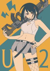 Rule 34 | 1girl, apex legends, assault rifle, belt, black belt, black hair, breasts, candy, cleavage, cleavage cutout, clothing cutout, colored inner hair, commentary request, crop top, fishnet thighhighs, fishnets, food, grey hair, grey skirt, gun, hair behind ear, hand on own hip, highres, holding, holding gun, holding weapon, in mouth, indie virtual youtuber, kaku 110, large breasts, lightning bolt symbol, lollipop, medium hair, midriff, multicolored hair, nail polish, navel, orange eyes, orange nails, over shoulder, rifle, shirasu (mashiro (rikuya)), single thighhigh, skirt, solo, thigh strap, thighhighs, virtual youtuber, vk-47 flatline, weapon, weapon over shoulder