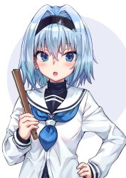 Rule 34 | 1girl, :o, absurdres, blue eyes, blue hair, blue neckwear, blush, commentary request, folded fan, folding fan, grey background, hair between eyes, hand fan, hand on own hip, highres, holding, holding fan, ivan wang, long sleeves, looking at viewer, open mouth, ryuuou no oshigoto!, sailor collar, school uniform, serafuku, shirt, sleeves past wrists, solo, sora ginko, two-tone background, upper body, white background, white sailor collar, white shirt