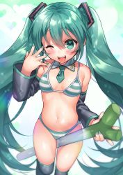 Rule 34 | 1girl, bikini, black sleeves, black thighhighs, blue hair, collar, commentary, cowboy shot, detached sleeves, food, green eyes, green hair, green nails, green necktie, hair between eyes, hatsune miku, highres, holding, holding food, holding spring onion, holding vegetable, kabosudachin, long hair, nail polish, navel, necktie, one eye closed, open mouth, short necktie, solo, spring onion, striped bikini, striped clothes, swimsuit, thighhighs, twintails, vegetable, very long hair, vocaloid