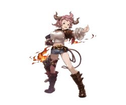 Rule 34 | 10s, 1girl, :d, black gloves, blue eyes, boots, brown footwear, draph, elbow gloves, fire, frills, full body, gloves, granblue fantasy, horns, jewelry, karva (granblue fantasy), minaba hideo, necklace, official art, open mouth, pink hair, pink thighhighs, pointy ears, short hair, short shorts, shorts, single elbow glove, single thighhigh, smile, solo, thighhighs, transparent background