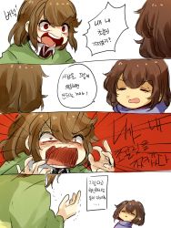 Rule 34 | 4koma, androgynous, angry, bad id, bad twitter id, brown hair, chara (undertale), close-up, closed eyes, collared shirt, comic, emphasis lines, expressionless, frisk (undertale), gender request, highres, korean text, koyashaka, long sleeves, red background, red eyes, shaded face, shirt, shouting, simple background, spoilers, striped clothes, striped sweater, sweatdrop, sweater, translation request, undertale, white background