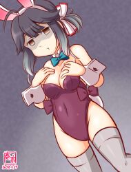 Rule 34 | 1girl, :t, alternate costume, artist logo, breasts, brown eyes, cowboy shot, dated, dutch angle, grey background, grey hair, grey thighhighs, hair over eyes, hair ribbon, hands on own chest, hayanami (kancolle), kanon (kurogane knights), kantai collection, leotard, long hair, looking at viewer, one-hour drawing challenge, playboy bunny, ribbon, short hair, side ponytail, small breasts, solo, thighhighs, white ribbon