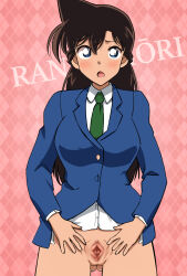 Rule 34 | 1girl, blue eyes, breasts, brown hair, censored, covered erect nipples, female focus, large breasts, long hair, meitantei conan, mosaic censoring, mouri ran, open mouth, poron (pixiv id 17549041), pussy, school uniform, tms entertainment