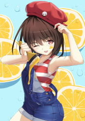 Rule 34 | 1girl, a-senmei, adjusting clothes, adjusting headwear, armpits, badge, brown hair, button badge, character request, copyright request, food, fruit, hand up, hat, highres, lemon, lemon slice, looking at viewer, medium hair, one eye closed, open mouth, overall shorts, overalls, paint, paint splatter, paint splatter on face, paintbrush, purple eyes, shirt, sleeveless, sleeveless shirt, smile, solo, strap slip, striped clothes, striped shirt, water drop