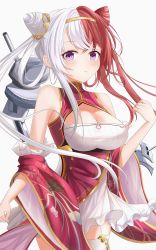 Rule 34 | 1girl, absurdres, azur lane, bare shoulders, breasts, chao ho (azur lane), chinese clothes, cleavage, cone hair bun, detached sleeves, dress, framed breasts, gold hairband, gold trim, hair bun, hairband, highres, large breasts, long hair, looking at viewer, multicolored hair, proverbs zhenyan, purple eyes, red dress, red hair, rigging, simple background, single thighhigh, solo, thighhighs, turret, two-tone dress, two-tone hair, white background, white dress, white hair, white thighhighs, wide sleeves