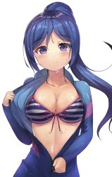 Rule 34 | 10s, 1girl, bikini, bikini under clothes, blue hair, blush, bodysuit, breasts, cleavage, diving suit, highres, large breasts, long hair, looking at viewer, love live!, love live! school idol festival, love live! sunshine!!, matsuura kanan, motokonut, navel, ponytail, purple eyes, simple background, solo, striped bikini, striped clothes, swimsuit, swimsuit under clothes, wet, wet clothes, wetsuit