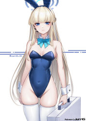 Rule 34 | 1girl, bare shoulders, blue archive, blue bow, blue eyes, blue leotard, bow, braid, collarbone, detached collar, groin, halo, headset, highleg, highleg leotard, holding, holding suitcase, jurrig, leotard, light brown hair, multicolored hair, official alternate costume, playboy bunny, single braid, strapless, strapless leotard, streaked hair, suitcase, thigh gap, toki (blue archive), toki (bunny) (blue archive), two-tone hair, white background, white wrist cuffs, wrist cuffs