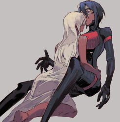 Rule 34 | 2girls, ariane yeong, barefoot, black hair, blonde hair, blue eyes, cyborg, dark-skinned female, dark skin, dress, elster (signalis), facing another, feet out of frame, grey background, hair between eyes, hand on another&#039;s waist, hand up, hashtag-only commentary, highres, invisible chair, long hair, looking at another, multicolored eyes, multiple girls, red eyes, short hair, signalis, simple background, sitting, sleeveless, sleeveless dress, yulei yuuuuu, yuri