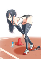 Rule 34 | 10s, 1girl, alternate costume, arm warmers, asashio (kancolle), bad id, bad pixiv id, bad proportions, bent over, black hair, black thighhighs, blue eyes, bottle, buruma, character name, clothes writing, commentary request, hands on own knees, highres, kantai collection, long hair, rakisuto1, shoes, sneakers, solo, thighhighs, track and field, traffic cone, water bottle