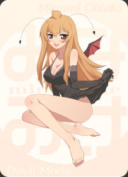Rule 34 | 1girl, ahoge, aokihoshi, barefoot, breasts, brown eyes, brown hair, cleavage, clothes lift, dress, dress lift, elbow gloves, feet, gloves, highres, large breasts, legs, long hair, long legs, minami-ke, minami chiaki, aged up, sitting, solo, wings