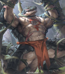 Rule 34 | 1boy, abs, absurdres, arms up, bara, bdsm, bondage, bound, bound arms, bound legs, chest tattoo, furry, furry male, highres, jewelry, large pectorals, lindong, lizardman, loincloth, male focus, muscular, muscular male, navel, necklace, nipples, overlord (maruyama), pectorals, scar, scar on face, sharp teeth, solo, squatting, stomach, tattoo, teeth, thick thighs, thighs, tooth necklace, topless male, zenberu gugu