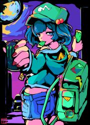 Rule 34 | 1girl, backpack, bag, bananachiken, blue eyes, blue hair, blue shorts, commentary request, energy drink, flat cap, green hat, hat, highres, hood, hoodie, kawashiro nitori, looking at viewer, red nails, shorts, signature, solo, touhou, two side up