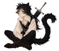 Rule 34 | 1boy, animal ears, artist name, black eyes, black fur, black hair, boots, brown footwear, cat boy, cat ears, cat tail, closed mouth, collared shirt, cross-laced slit, cutesofa2, full body, indian style, long hair, long sleeves, looking at viewer, low ponytail, male focus, messy hair, original, puffy long sleeves, puffy sleeves, sheath, sheathed, shirt, simple background, sitting, solo, sword, sword behind back, tail, vest, weapon, white background
