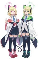 Rule 34 | 2girls, :d, absurdres, animal ears, blonde hair, blue archive, blunt bangs, cat ears, cat tail, collared shirt, commentary request, fake animal ears, full body, green eyes, halo, headphones, highres, holding hands, hood, hooded coat, long sleeves, looking at viewer, midori (blue archive), mimizuku (mmiganaru), momoi (blue archive), multiple girls, necktie, open mouth, parted bangs, pleated skirt, purple eyes, school uniform, shirt, short hair, short shorts, shorts, siblings, sidelocks, simple background, sisters, skirt, smile, standing, suspender skirt, suspenders, tail, thighhighs, twins, v, white background, zettai ryouiki