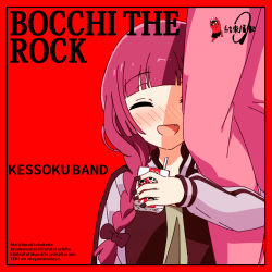 Rule 34 | 2girls, album cover, album cover redraw, alcohol, black flag (band), black nails, blush, bocchi the rock!, border, bow, braid, closed eyes, cover, derivative work, drink, fang, gotoh hitori, goumonsha, hair bow, hair over shoulder, highres, hiroi kikuri, holding, holding drink, hugging another&#039;s leg, jacket, juice box, low-braided long hair, low-tied long hair, multiple girls, nail polish, nose blush, open clothes, open jacket, open mouth, parody, pink track suit, purple hair, red background, red border, side braid, simple background