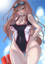 Rule 34 | 1girl, 2023, absurdres, adjusting clothes, adjusting swimsuit, arms behind head, artist request, black one-piece swimsuit, blue sky, breasts, brown hair, bursting breasts, cleavage, closed mouth, covered navel, curvy, dated, day, goddess of victory: nikke, goggles, goggles on head, groin, hand on own hip, highleg, highleg swimsuit, highres, large breasts, long hair, looking to the side, narrow waist, one-piece swimsuit, orange eyes, rapi (classic vacation) (nikke), rapi (nikke), skindentation, sky, solo, source request, standing, swimsuit, thighs, very long hair