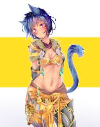 Rule 34 | 1girl, :/, absurdres, animal ears, arms behind head, asymmetrical legwear, warrior of light (ff14), bandeau, blue hair, breasts, cat ears, cat girl, cat tail, cleavage, clip studio paint (medium), commission, facial mark, fictional persona, final fantasy, final fantasy xiv, forehead mark, fur collar, gloves, groin, head tilt, highres, huge filesize, jewelry, looking at viewer, lowleg, midriff, miqo&#039;te, monk (final fantasy), navel, pants, purple eyes, short hair, slit pupils, small breasts, solo, stomach, tail, tan, the0neulost, uneven legwear, vest, whisker markings